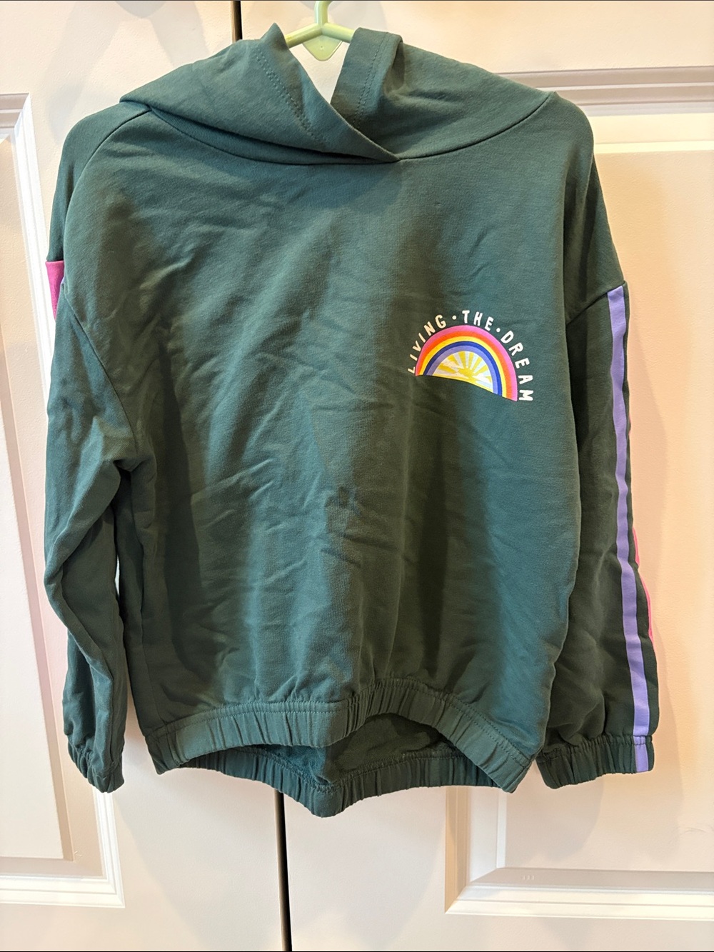 Hanna Andersson Forest Green Hoodie with Rainbow Chest Graphic